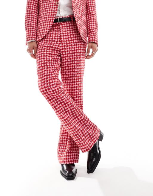 Twisted Tailor houndstooth flared suit trouser in red and pink ASOS