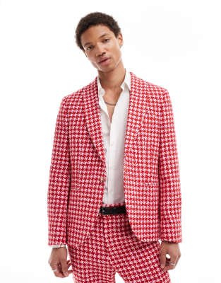 Twisted Tailor Twisted Tailor houndstooth slim suit jacket in red and pink-Multi