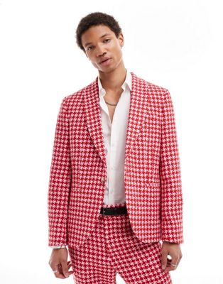 Twisted Tailor houndstooth suit jacket in red and pink