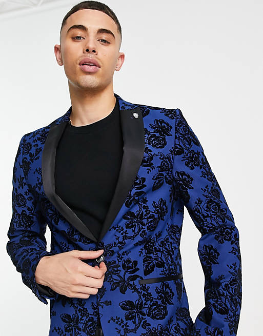  Twisted Tailor Jackalope skinny suit jacket in blue with navy flocking 