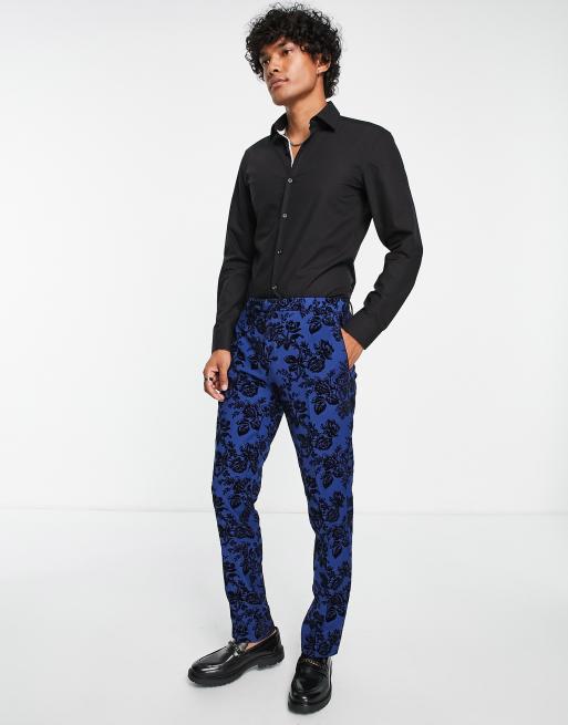 Twisted Tailor Jackalope skinny suit pants in blue with navy flocking