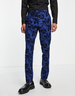 Twisted Tailor Jackalope skinny suit trousers in blue with navy flocking