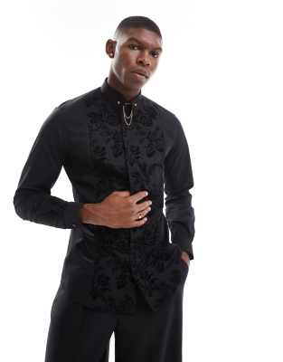 Twisted Tailor Twisted Tailor jacquard long sleeve shirt in black