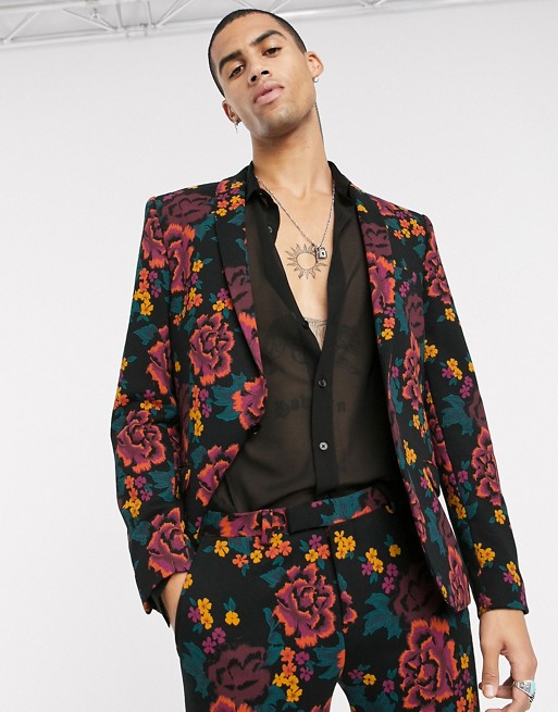 Twisted Tailor jersey suit jacket with floral printing in black