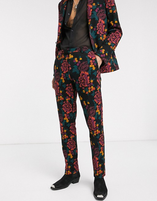 Twisted Tailor jersey suit trousers with floral printing in black