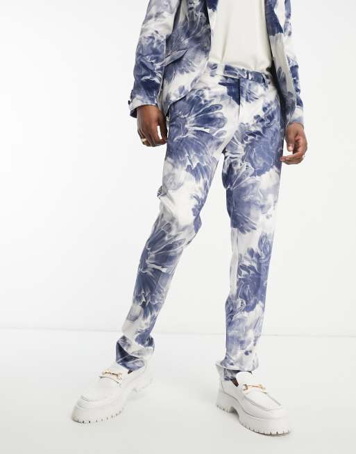 Twisted Tailor Judd suit pants in white with blue ink floral print