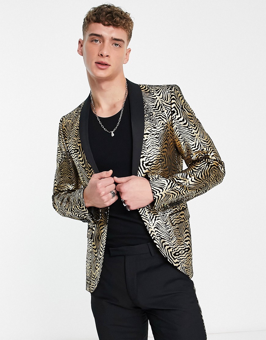 Twisted Tailor kalman skinny suit jacket in black velour with gold foil print