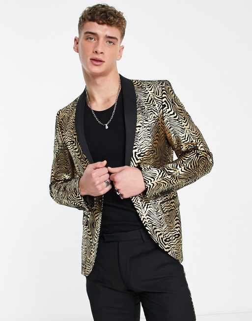 Twisted Tailor kalman skinny suit jacket in black velour with gold foil  print