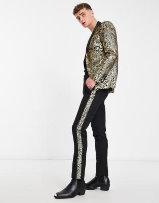 Twisted Tailor kalman skinny suit pants in black velour with gold foil print sidestripe