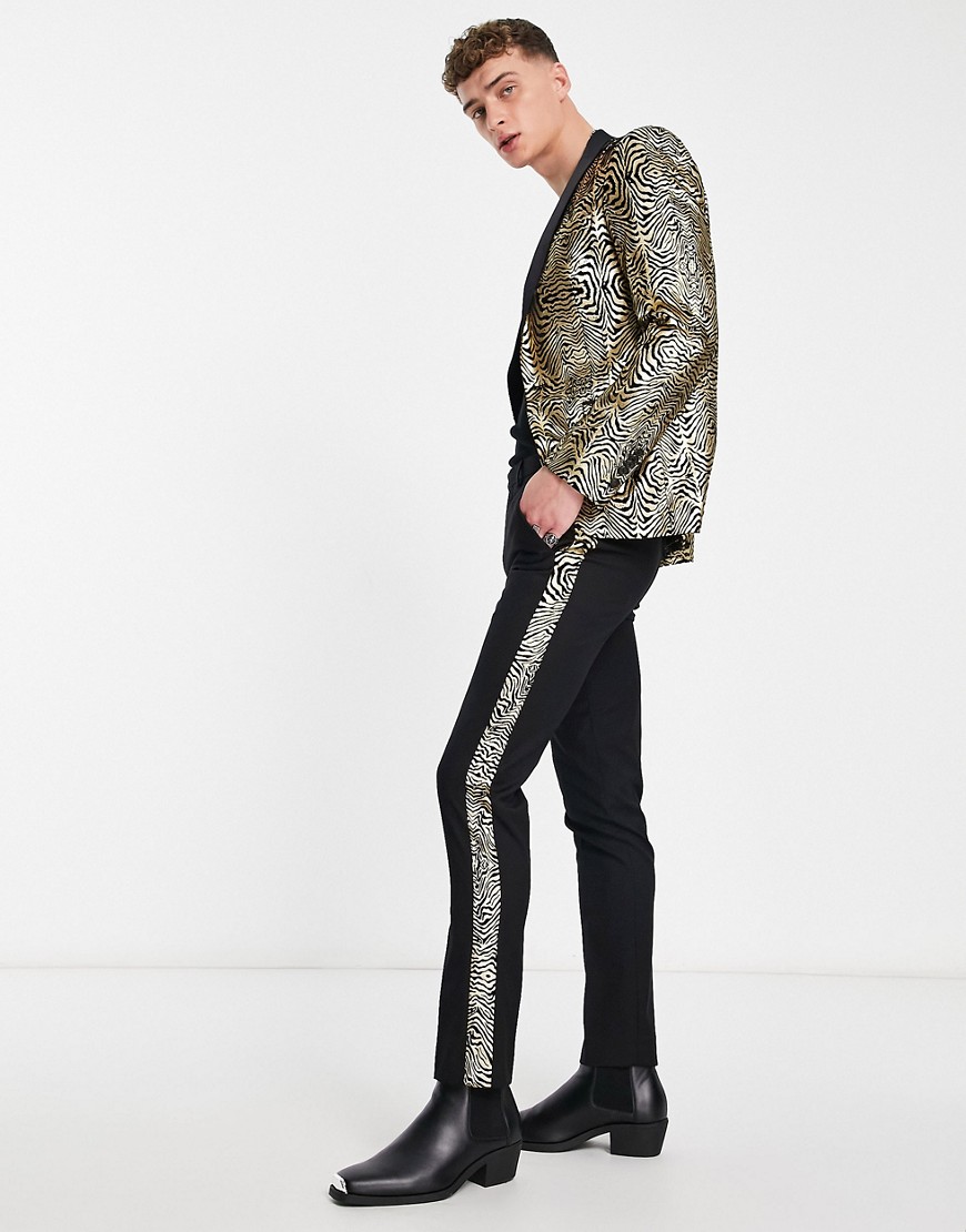 kalman skinny suit pants in black velour with gold foil print sidestripe