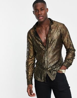 Twisted Tailor Kearney shirt in black lace with gold foil print