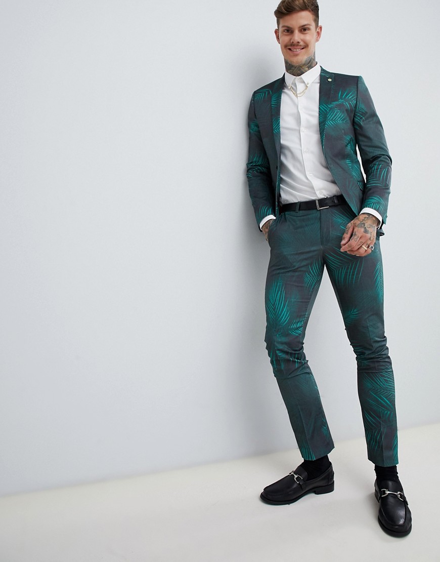Twisted Tailor – Kostymbyxor med lövmönster och superskinny passform-Grön