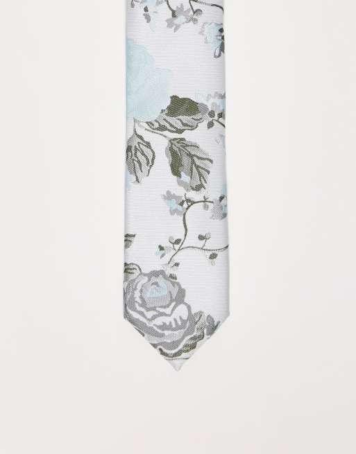 Twisted Tailor – Krawatte in Weiß mit Blumendesign in Silber