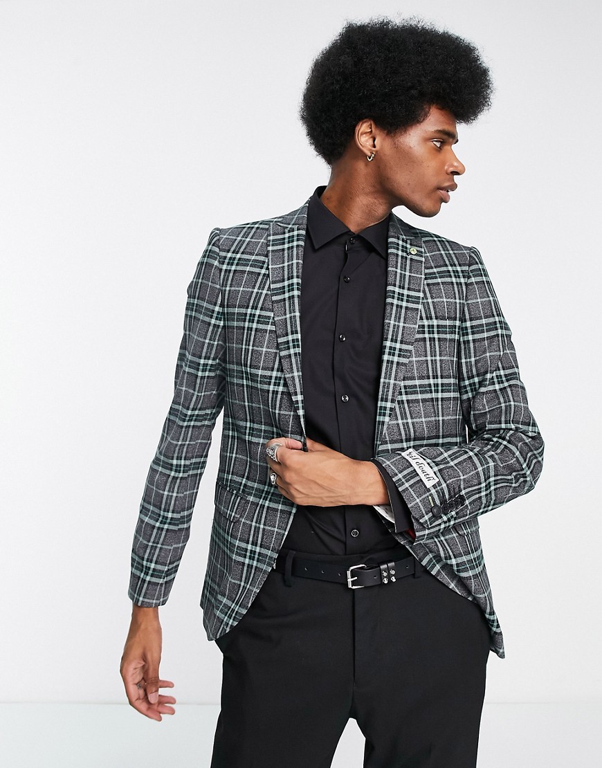Twisted Tailor Ladd Suit Jacket In Gray And Green Tartan Check