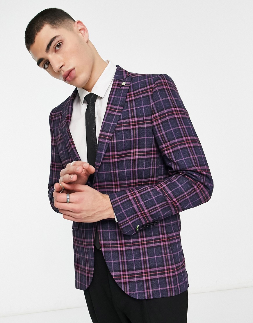 Twisted Tailor Ladd Suit Jacket In Navy And Pink Tartan Plaid