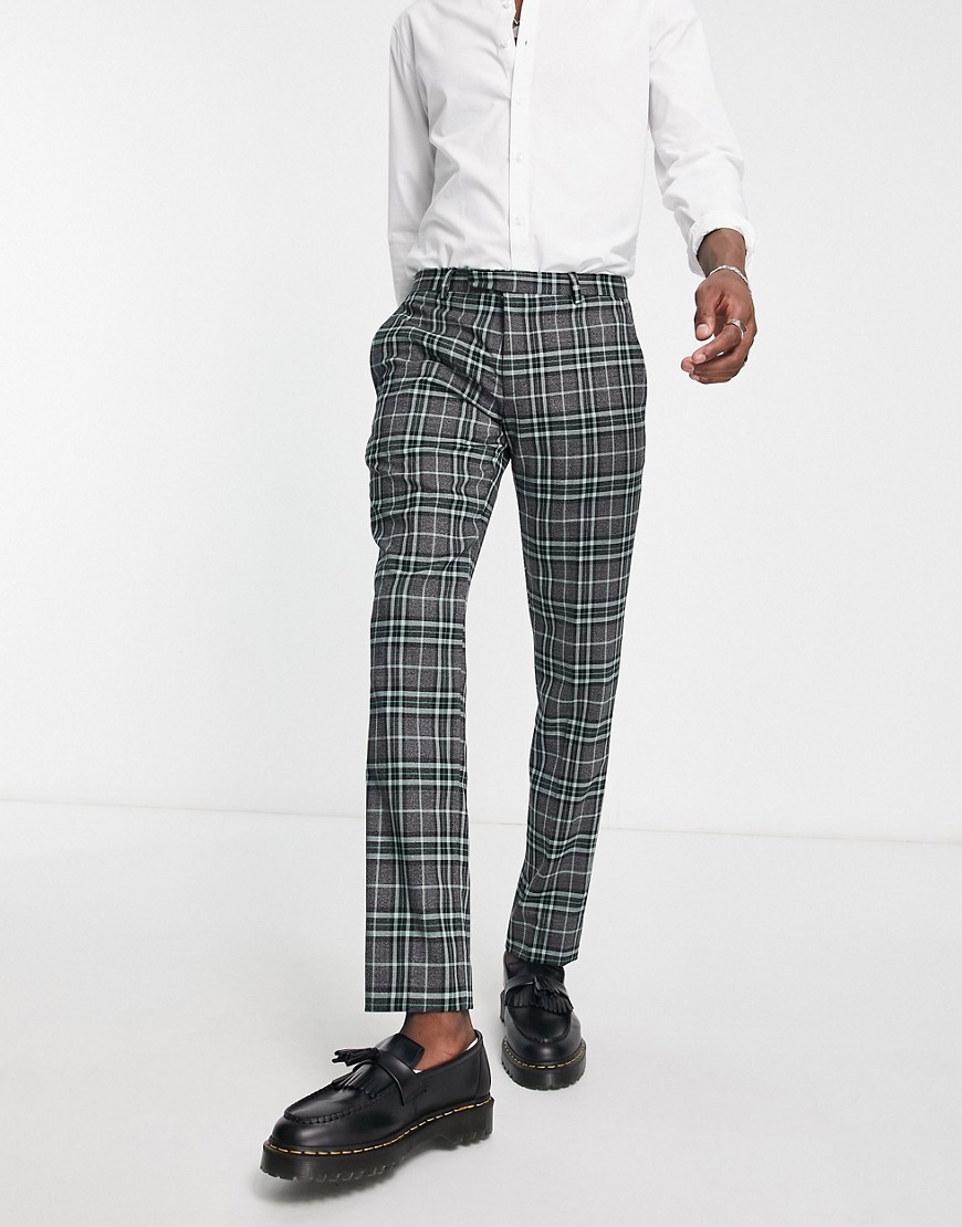 ladd suit pants in gray and green tartan plaid