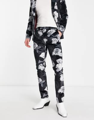 Twisted Tailor Twisted Tailor lincoln skinny suit trousers in black with grey floral print