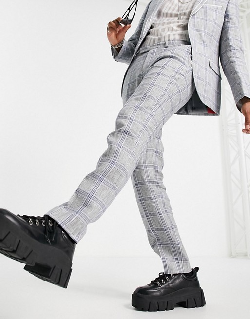 Twisted Tailor linen skinny suit trouser grey blue check