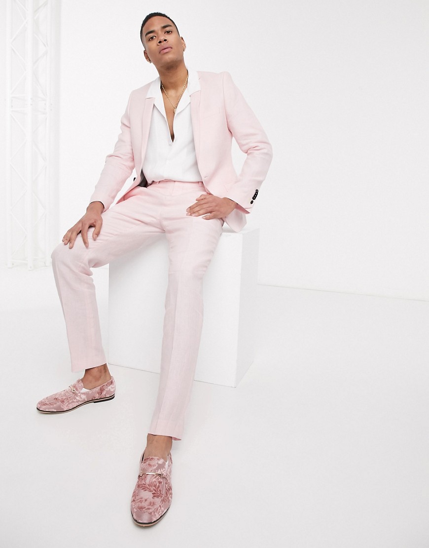 Twisted Tailor – Ljusrosa kostymbyxor i linne med smal passform