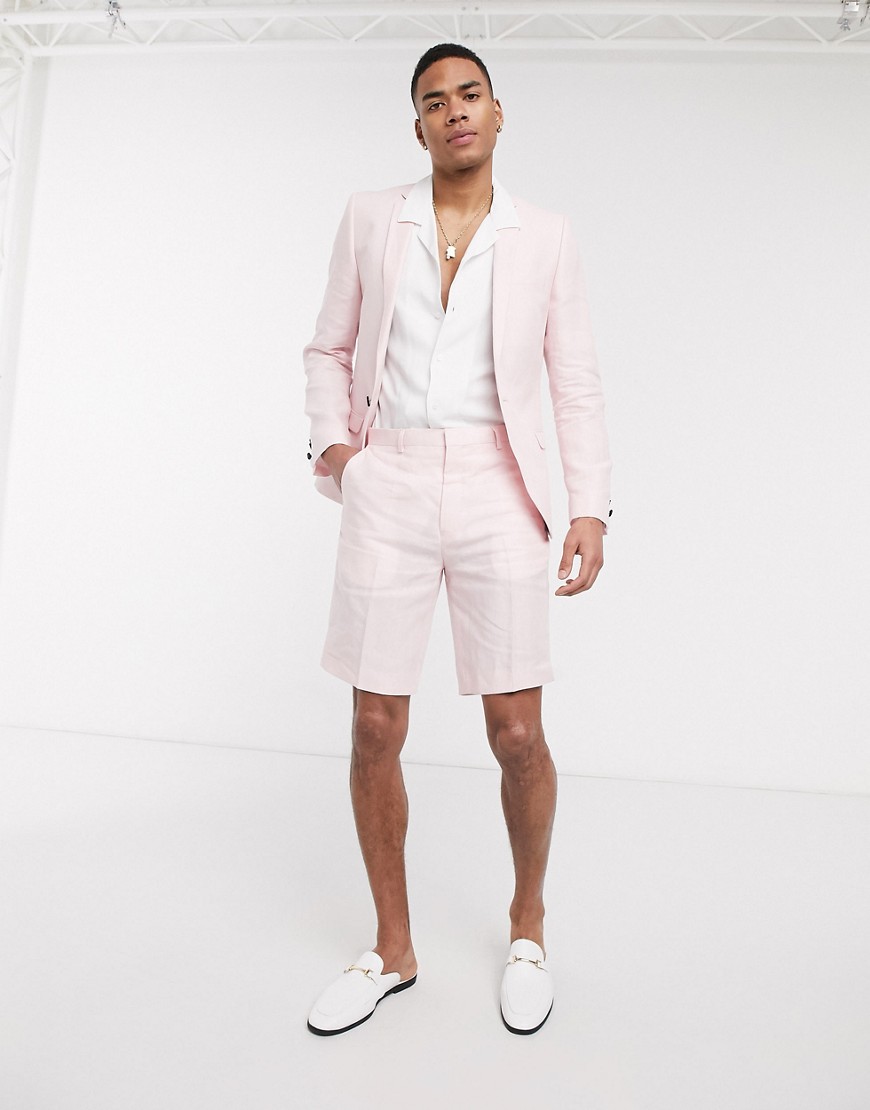 Twisted Tailor – Ljusrosa kostymshorts i linne med smal passform