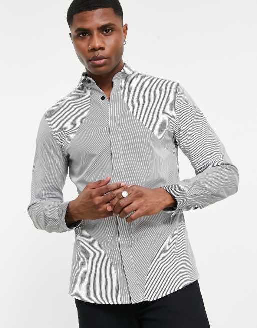 Twisted Tailor long sleeve shirt in white with mismatched black stripes, 2 of 4