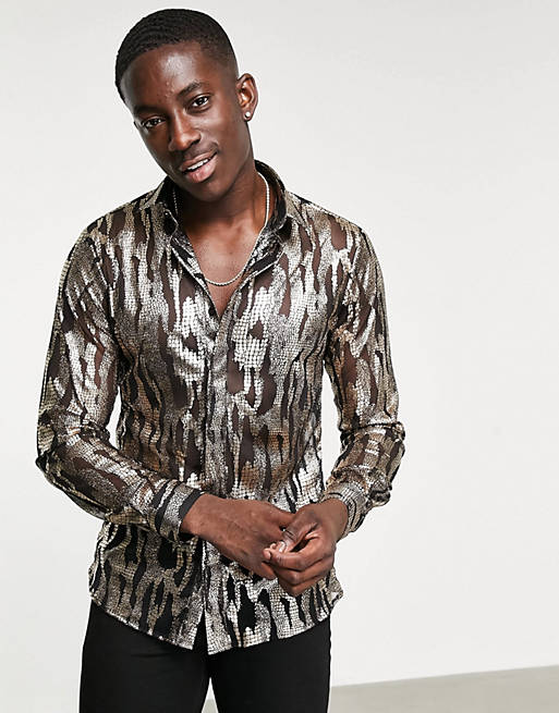Twisted Tailor long sleeve shirt with distressed snake print in gold