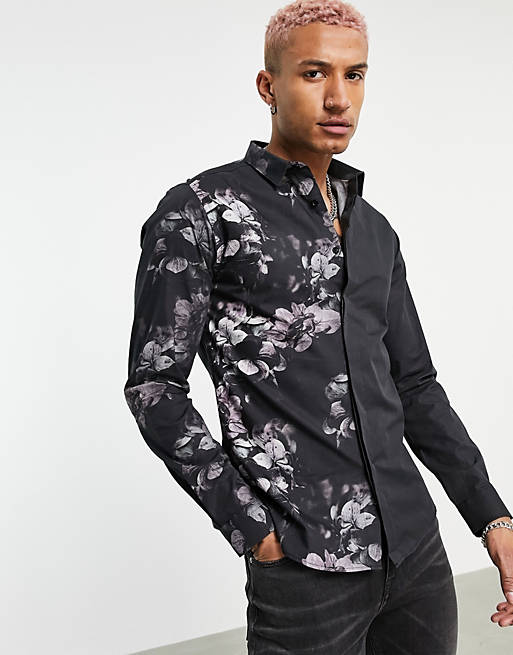 Twisted Tailor long sleeve shirt with floral fade in black and pink 