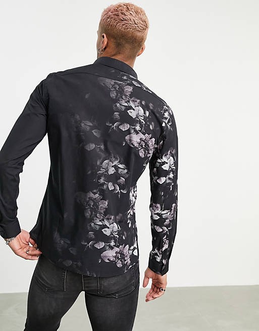 Twisted Tailor long sleeve shirt with floral fade in black and pink