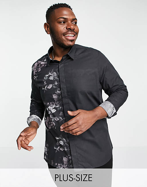Twisted Tailor PLUS long sleeve shirt with floral fade in black and pink