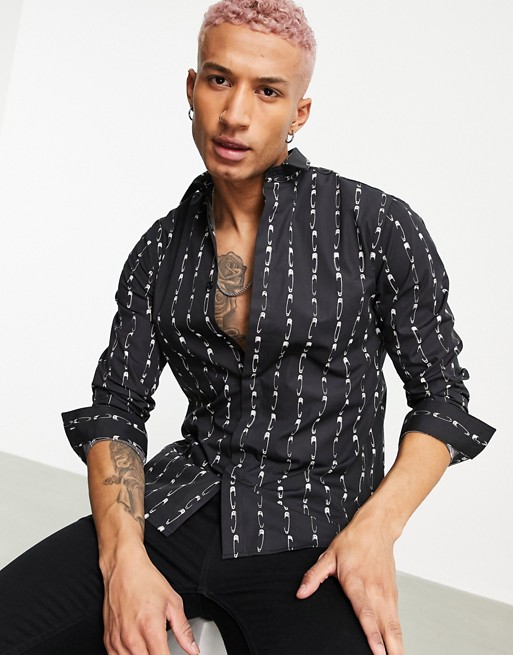 Twisted Tailor long sleeve shirt with safety pin stripe in black