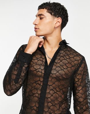 Twisted Tailor long sleeve skinny shirt in black lace
