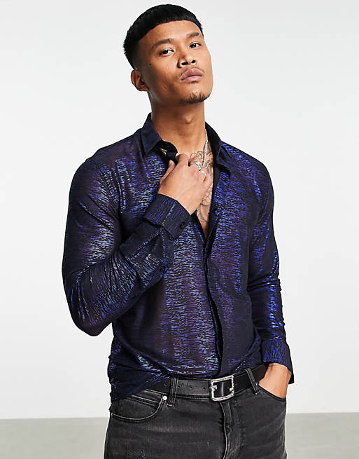 Twisted Tailor long sleeve skinny shirt in black mesh with electric blue dash foil print