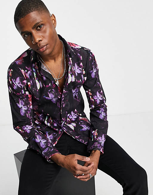 Twisted Tailor long sleeve skinny shirt in black with glitch print