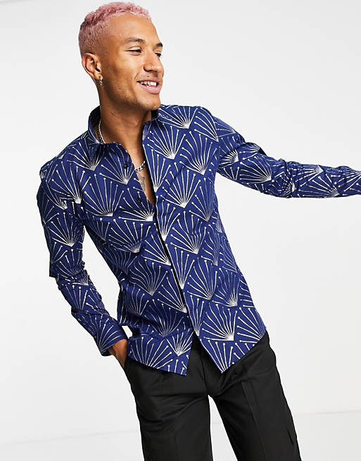 Twisted Tailor long sleeve skinny shirt in navy with silver foil geometric print