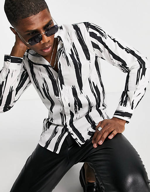 Shirts Twisted Tailor long sleeve skinny shirt in white with black drip print 