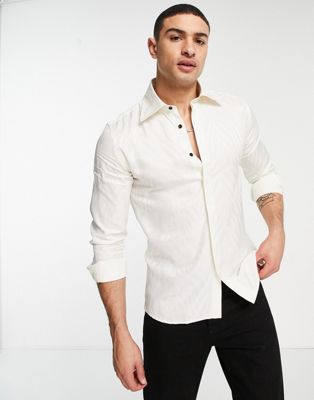 Twisted Tailor long sleeve skinny shirt in white with debossed design