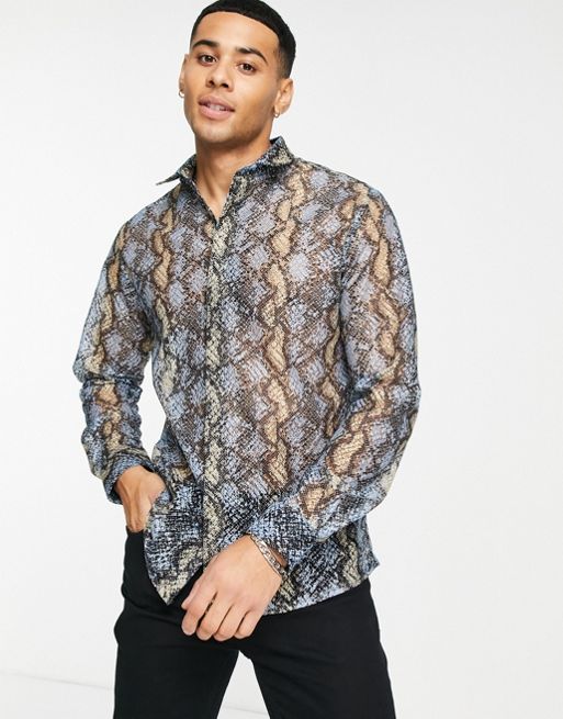 Twisted Tailor Lopez lace shirt in blue and stone snakeskin | ASOS