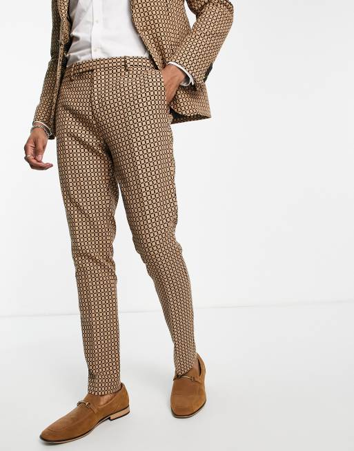 Twisted Tailor Malto skinny suit pants in light brown micro check