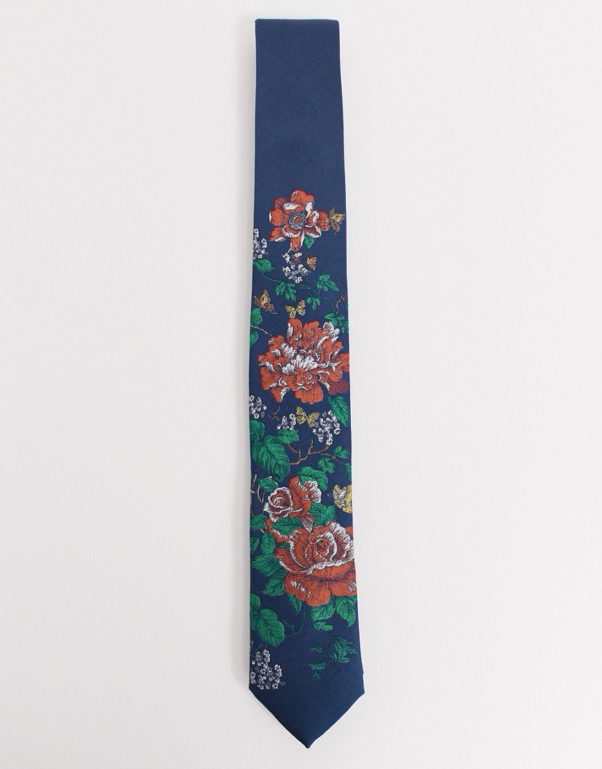 Twisted Tailor – Marinblå slips med blommig jacquard