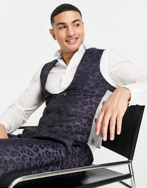Twisted Tailor - Marineblå vest i leopard-jacquarddesign