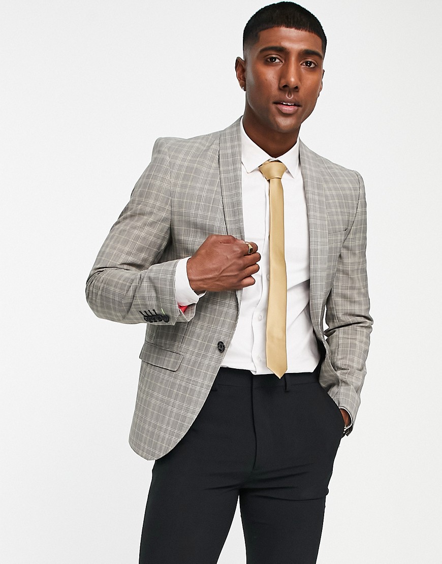 melcher skinny fit suit jacket in tonal brown plaid