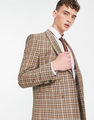 Twisted Tailor mepstead double breasted suit jacket in beige prince of wales check