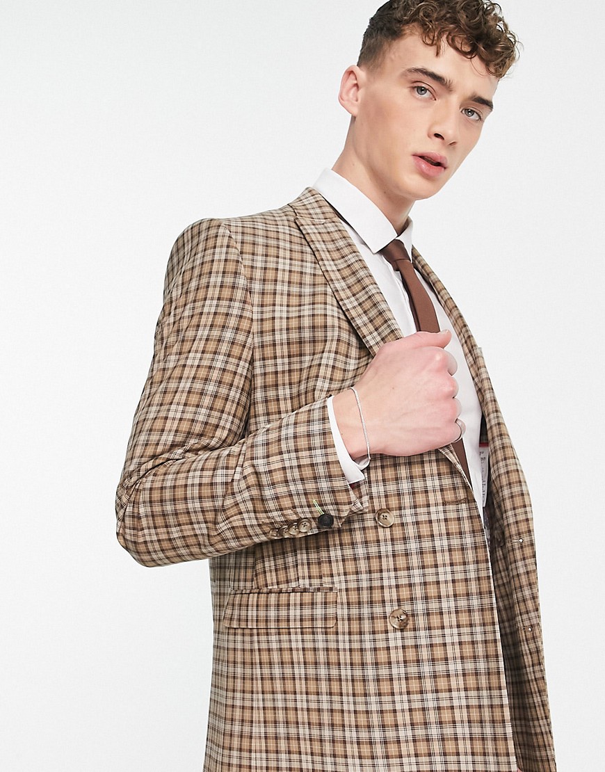 Twisted Tailor mepstead double breasted suit jacket in beige prince of wales check-Neutral