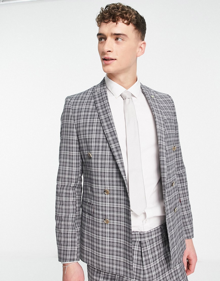 Twisted Tailor mepstead double breasted suit jacket in grey prince of wales check