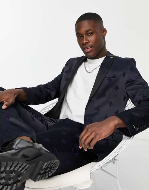 Twisted Tailor Morata skinny suit co-ord in navy with bee jacquard flocking, 2 of 3