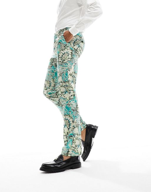 Twisted Tailor shadoff suit pants in green with geometric vintage print
