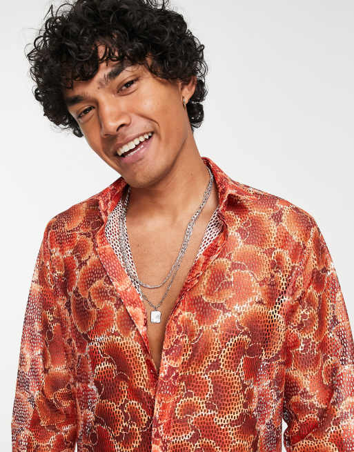 Twisted Tailor muir short sleeve camp collar shirt in orange floral lace, 3 of 4