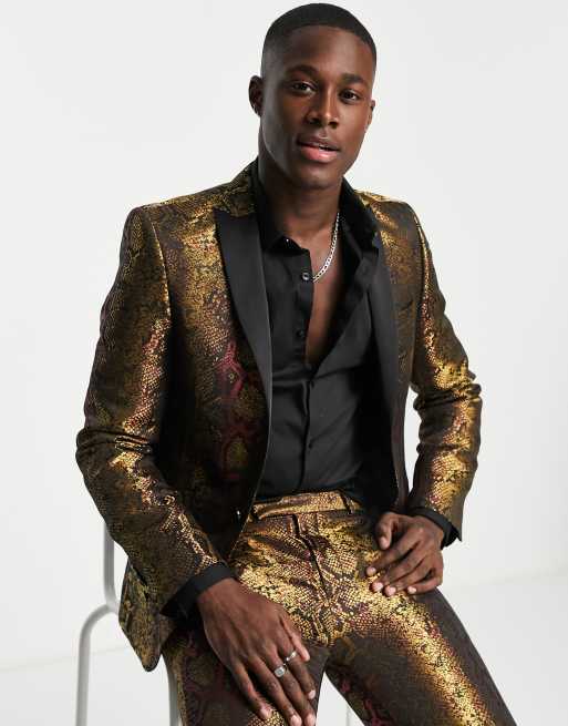 Twisted Tailor - Navarrette - Combi-set skinny pak in bordeauxrood met goudkleurige slangenprint, 2 van 3
