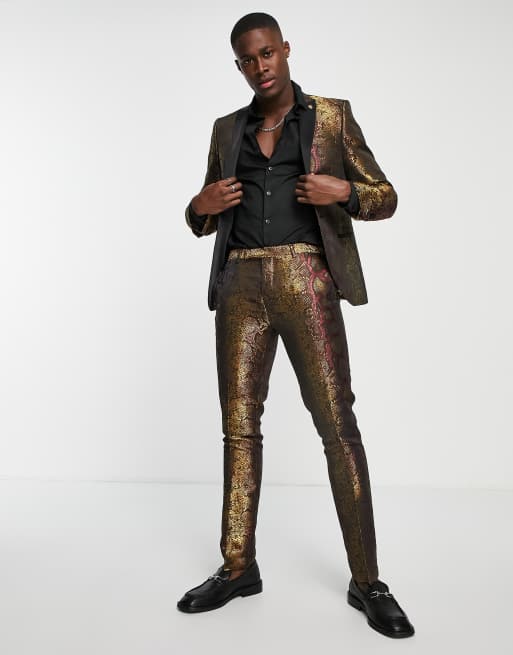 Twisted Tailor - Navarrette - Combi-set skinny pak in bordeauxrood met goudkleurige slangenprint, 3 van 3