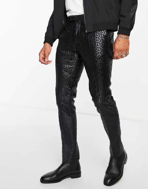 Twisted Tailor - Nette broek in zwart met geometrische geflockte print in dezelfde tint